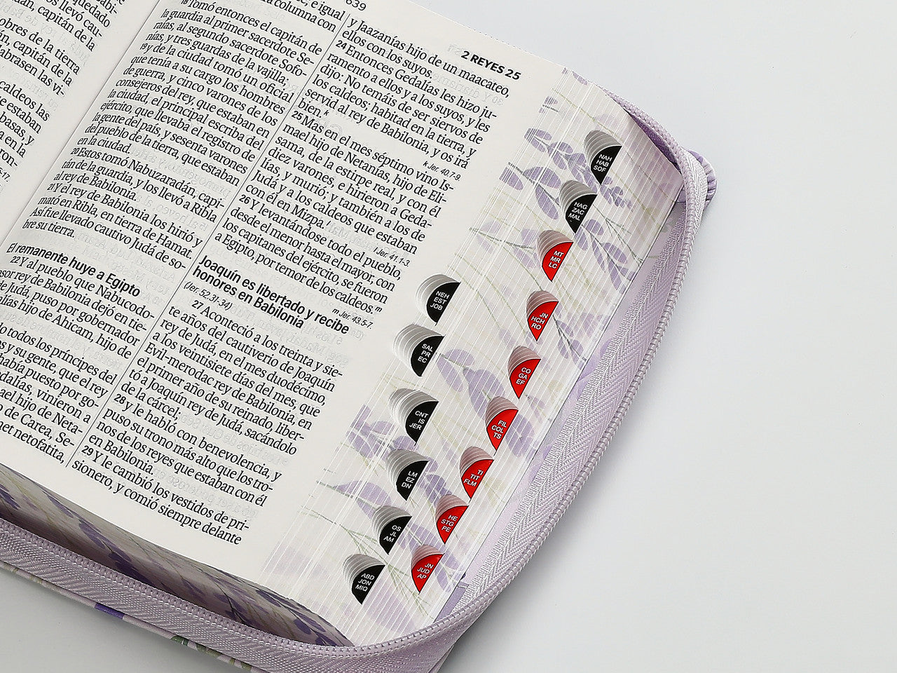 Biblia con Cierre Portátil 12 puntos RV1960, imit piel flores lila con índice y canto floral