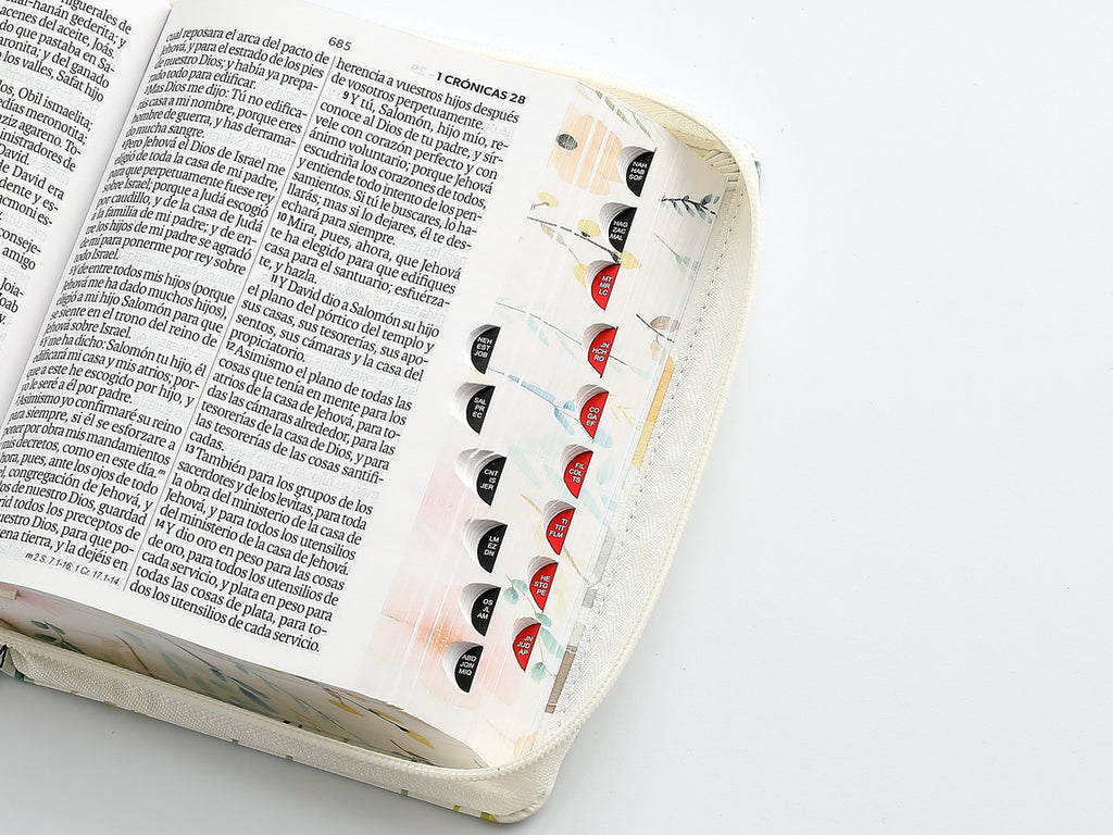 Biblia con Cierre Portátil 12 puntos RV1960, imit piel blanco flores con índice y canto floral