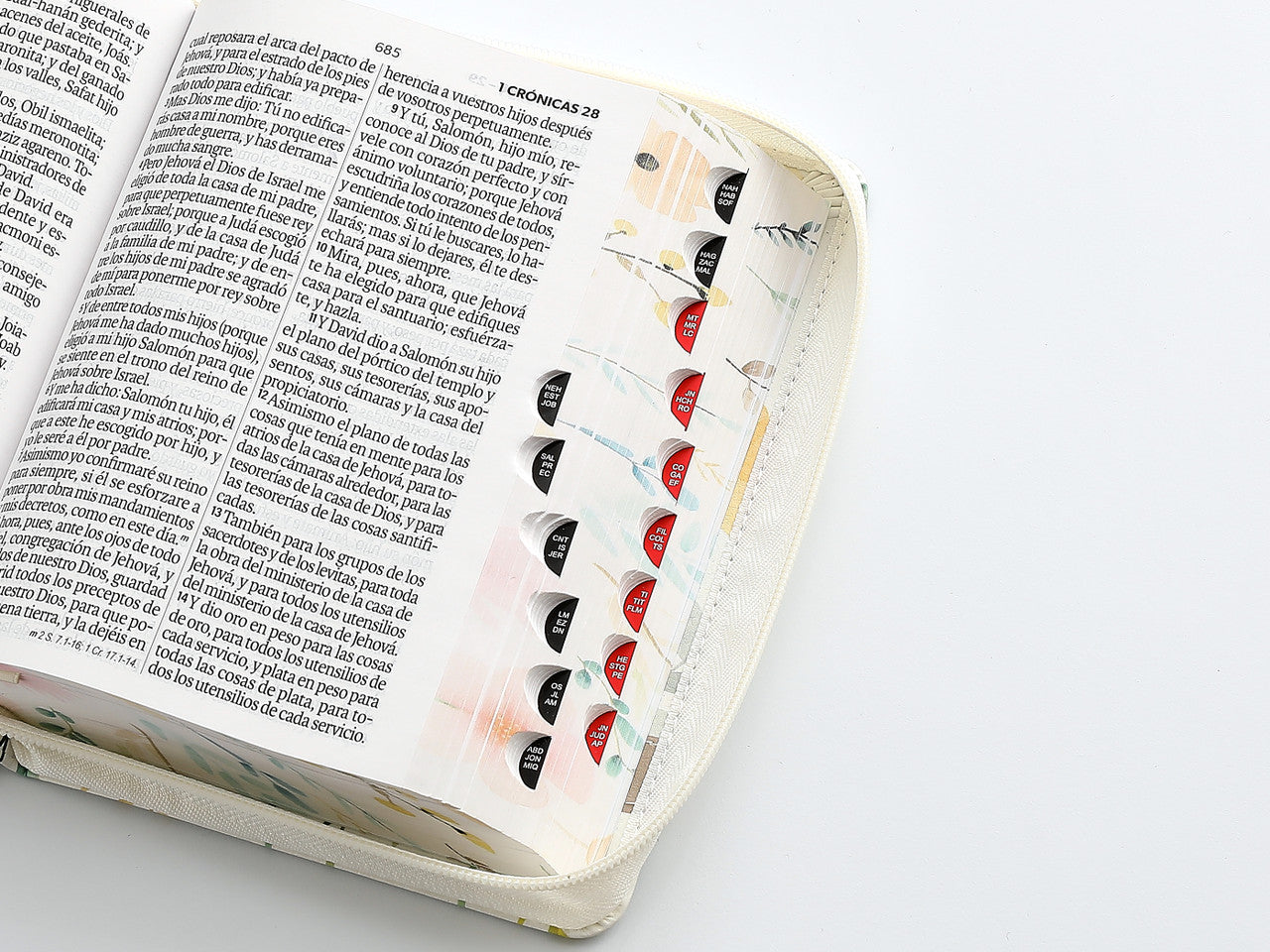 Biblia con Cierre Portátil 12 puntos RV1960, imit piel blanco flores con índice y canto floral