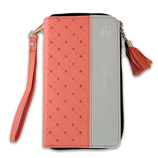 Biblia Chequera para Mujeres RV1960 coral y gris pequeña con lazo y agarradera de mano