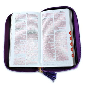 Biblia Chequera para Mujeres RV1960 con indice lila/gris pequeña con lazo y agarradera de mano Imitation Leather