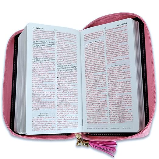 Biblia Chequera para Mujeres RV1960 fucsia y rosa pequeña con lazo y agarradera de mano