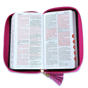 Biblia Chequera para Mujeres RV1960 con indice rosada/fucsia pequeña con lazo y agarradera de mano Imitation Leather