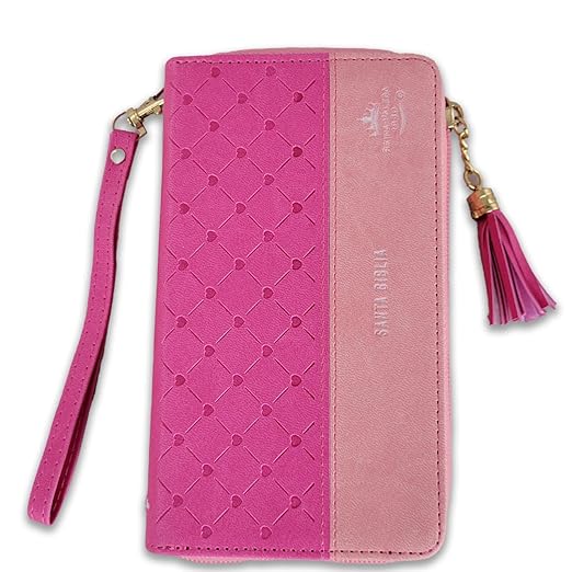 Biblia Chequera para Mujeres RV1960 fucsia y rosa pequeña con lazo y agarradera de mano