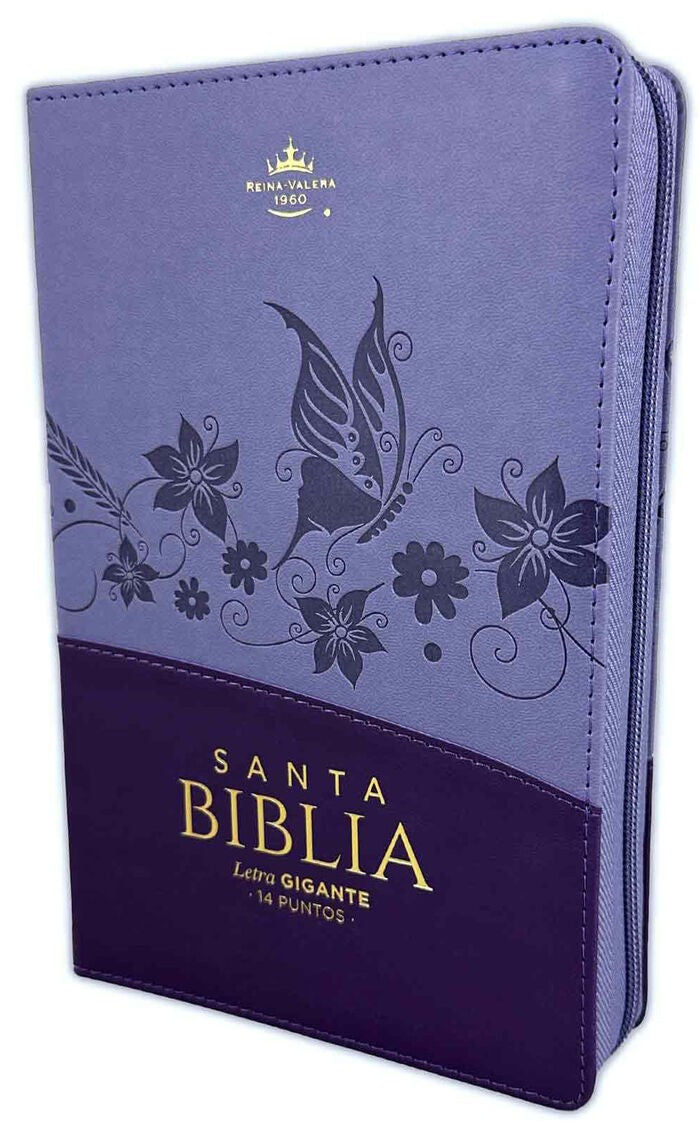 Biblia Reina VAlera 1960 Tamaño manual letra gigante 14 puntos i/piel bitono con cierre/índice lila/lila Mariposas
