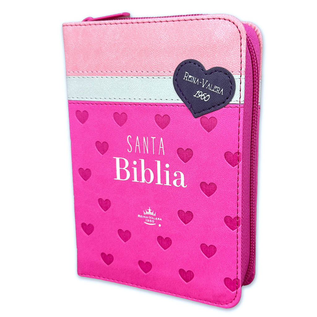 Biblia de Bolsillo con Cierre RV1960 imit fucsia/blanco/rosa con corazones