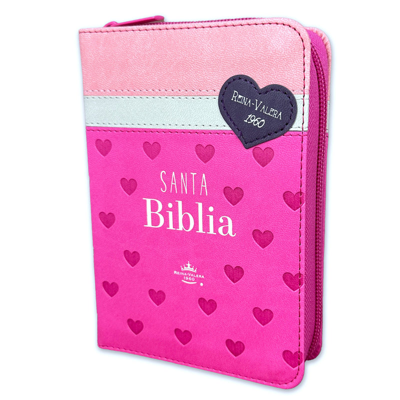 Biblia de Bolsillo con Cierre RV1960 imit fucsia/blanco/rosa con corazones