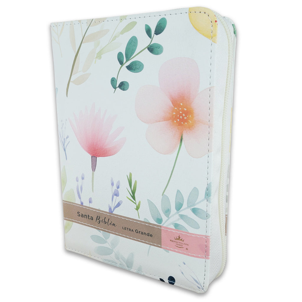Biblia con Cierre Portátil 12 puntos RV1960, imit piel blanco flores con índice y canto floral