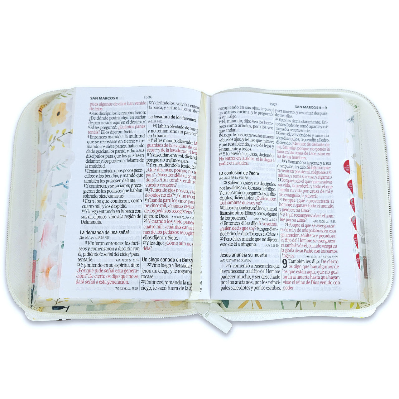 Biblia con Cierre Portátil 12 puntos RV1960, imit piel blanco flores con índice y canto floral