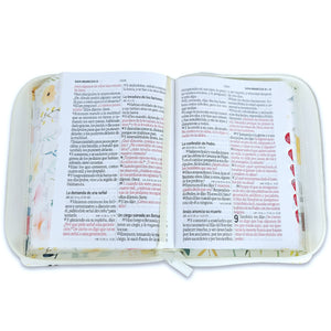 Biblia con Cierre Portátil 12 puntos RV1960, imit piel blanco flores con índice y canto floral