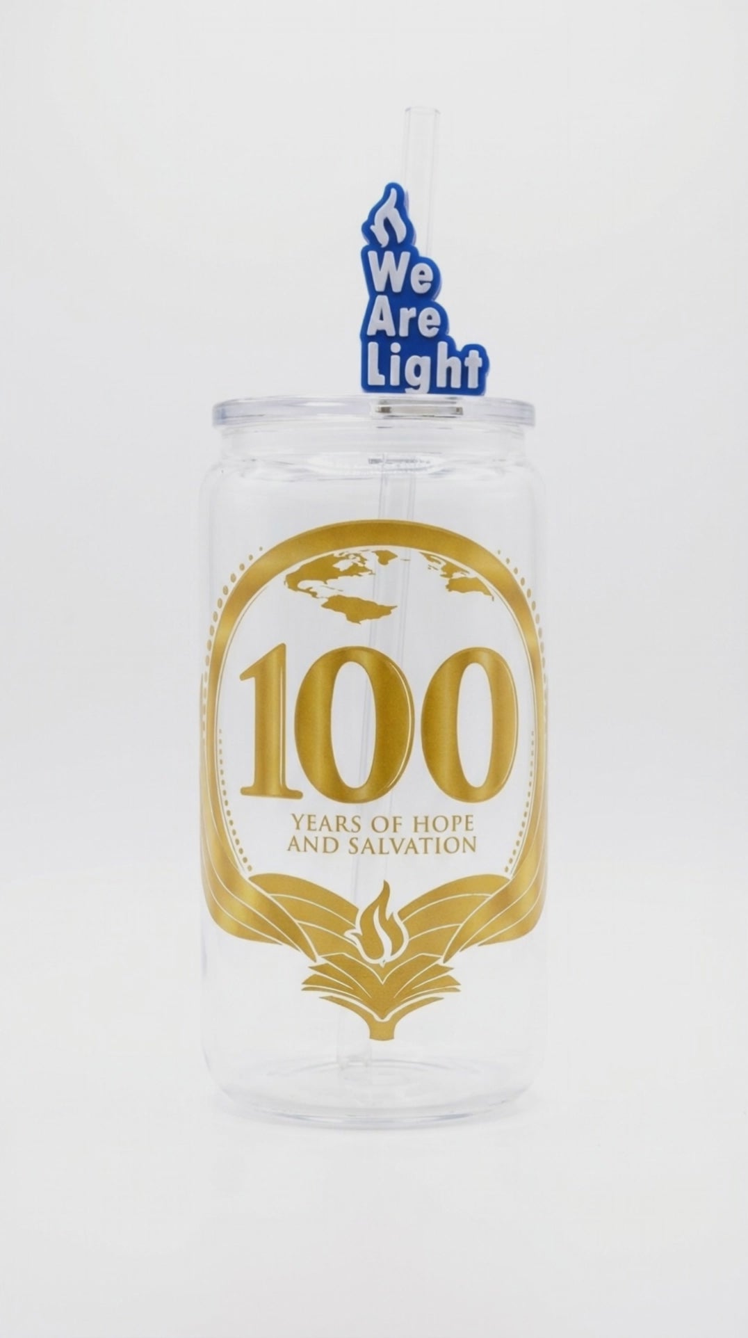 Glass tumbler with plastic straw